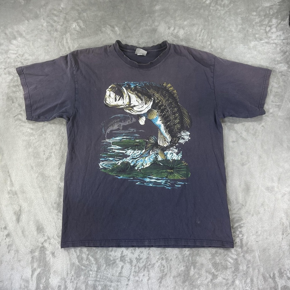 Shirt Mens Large Blue Bass Fish Graphic Fishing Outdoor Nature T-Shirt Tee
